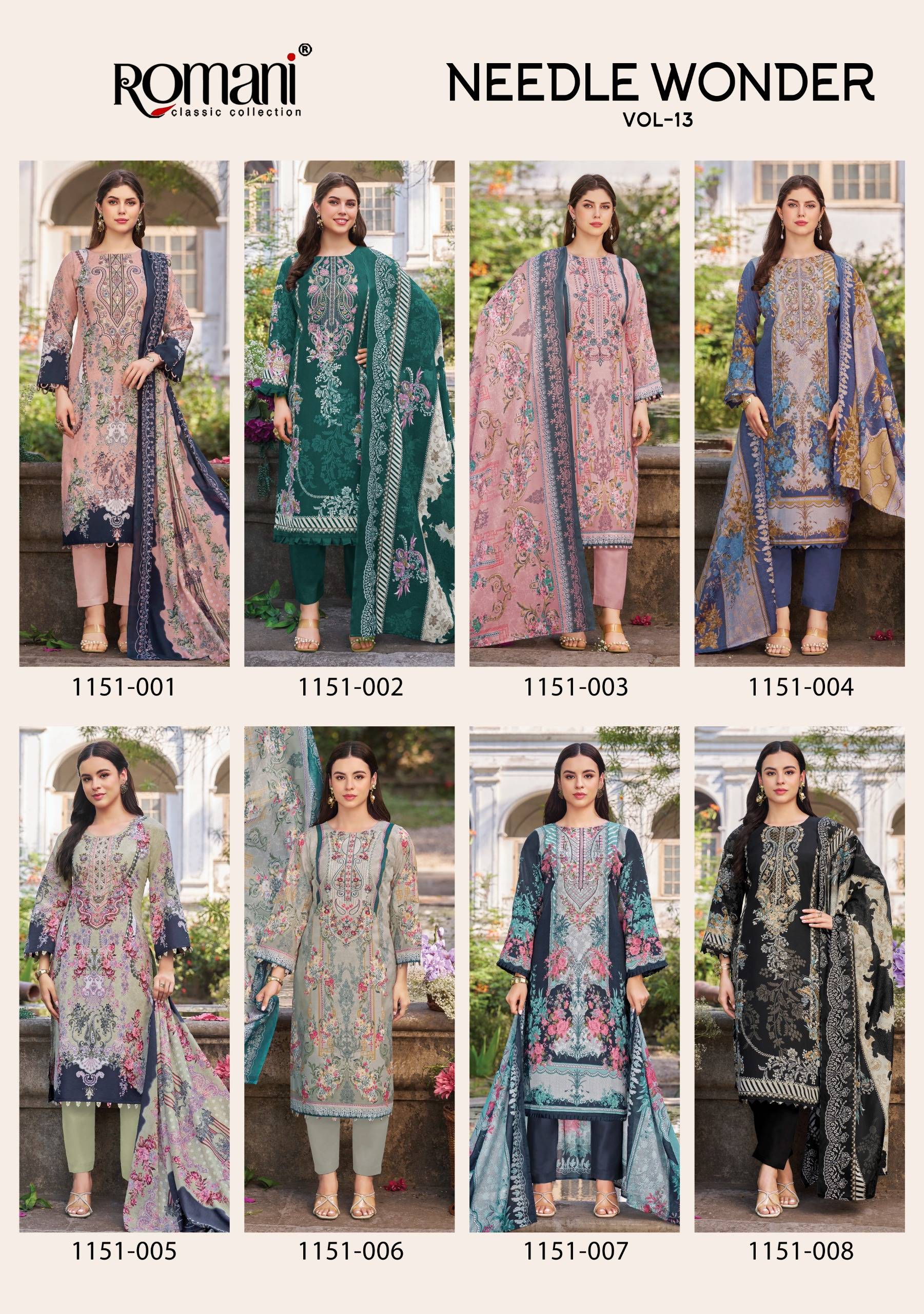 NEEDLE WONDER VOL-13 by ROMANI 1151-001 TO 1151-008 SERIES Pakistani Stylish Embroidered Premium Soft Cotton COLLECTION At Wholesale Price